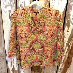 Talbots tunic multi color top paisley  size small petite 100% cotton
